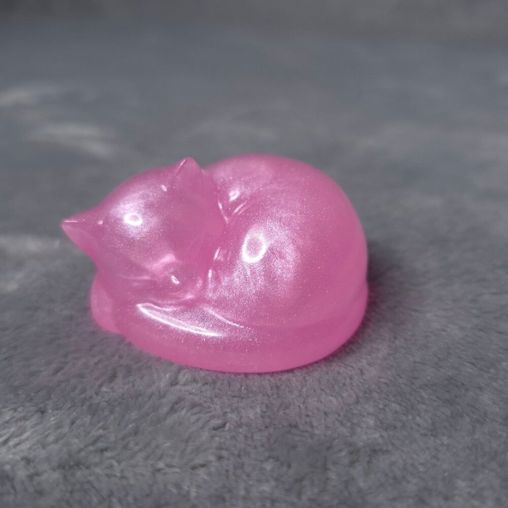 Handmade Pink Sparkly Resin Sleeping Cat Figurine Cat Lover Gift Valentines Day